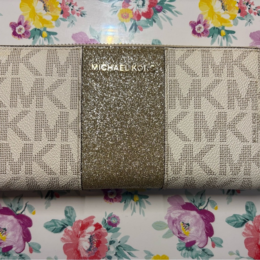 Michael Kors Logo Print Gold Canvas Vanilla Wallet